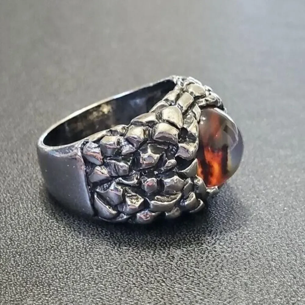 Silver tone orange dragon's eye ring size 12